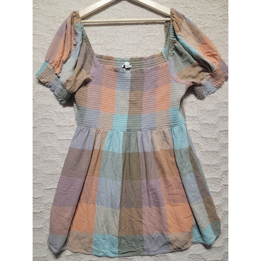 American Eagle Smocked Plaid Mini Dress XL Multicolor Linen Blend Puff Sleeve